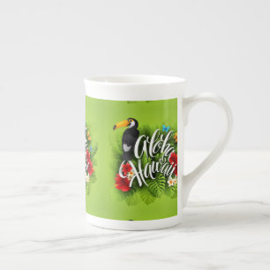 Caneca De Porcelana Aloha Hawaii Flores Folhagem Borboletas Amarelo