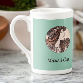 Caneca De Porcelana Alphonse Mucha Art Nouveau Mulher Com Flores
