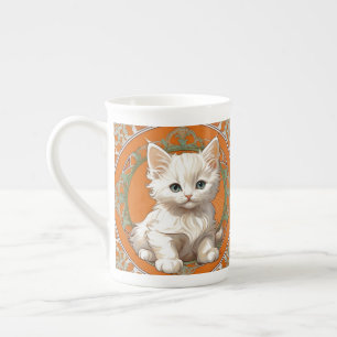 Caneca De Porcelana Alphonse Mucha Art Nouveau White Kitten