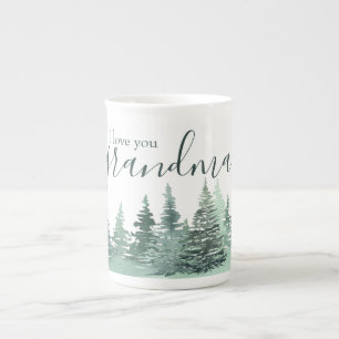 Caneca De Porcelana Amo Você Avó Aquarela Floresta de Inverno Verde