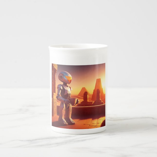 Caneca De Porcelana Android Bebendo Café Olhando Para as Pirâmides (Frente)