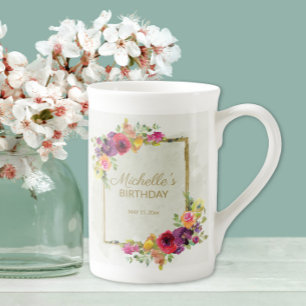 Caneca De Porcelana Aniversário Feminino Floral Vintage Elegante