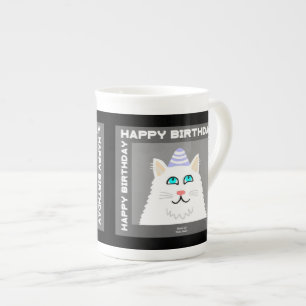 Caneca De Porcelana Aniversário Fluffy White Cat Bone China Mug