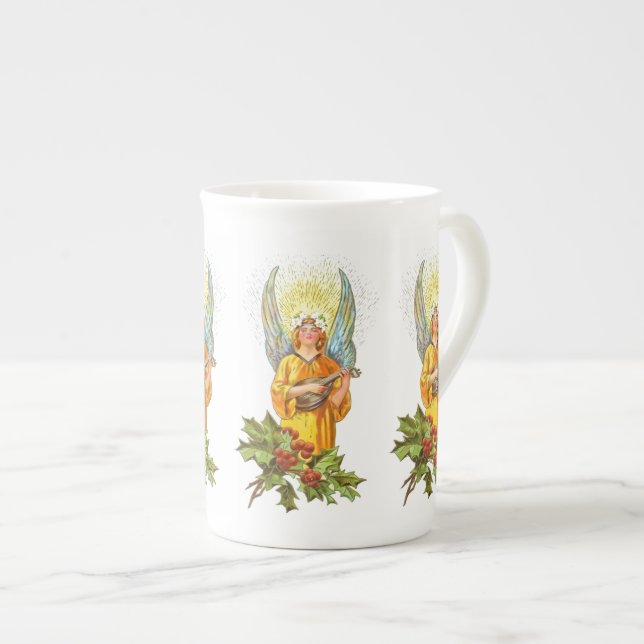 Caneca De Porcelana Anjo Com Azevinho E Bandolim  (Frente Esquerda)