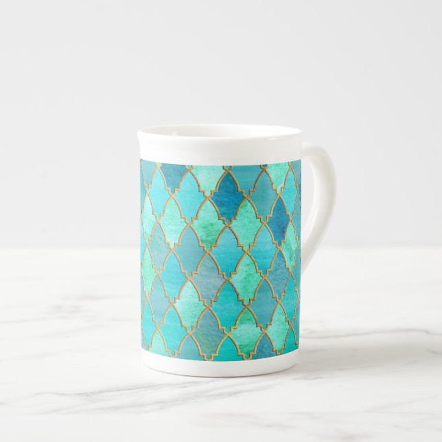 Caneca De Porcelana Aqua Teal Mint Dourado Padrão de Azulejo Marroquin (Frente Esquerda)