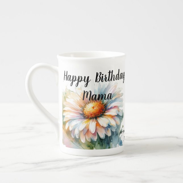 Caneca De Porcelana Aquarela "Feliz Aniversário Mama" FLORES Brancos (Esquerda)