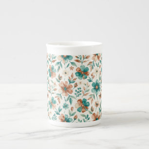 Caneca De Porcelana Aquarela Floral Azul Cobre