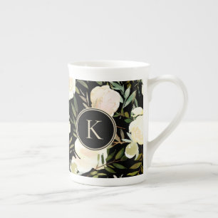 Caneca De Porcelana Aquarela Romântica Verde Floral e Branco
