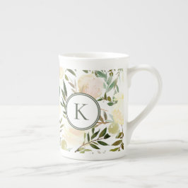 Caneca De Porcelana Aquarela Romântica Verde Floral e Branco
