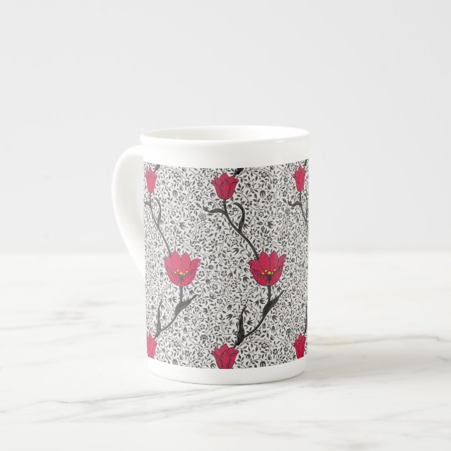Caneca De Porcelana Art Nouveau Tulip Damask, Cinzas e Vermelho (Frente Esquerda)