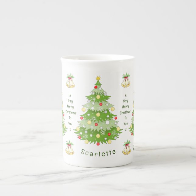 Caneca De Porcelana Árvore de Natal Personalizada e Sinos Ossos da Chi (Frente)