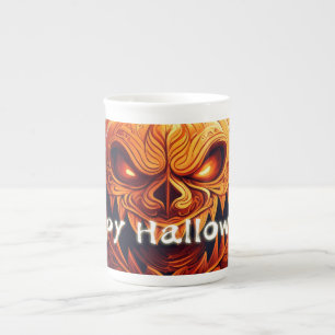Caneca De Porcelana Assustador Olhando Pumpkin Laranja com Rosto, Hall