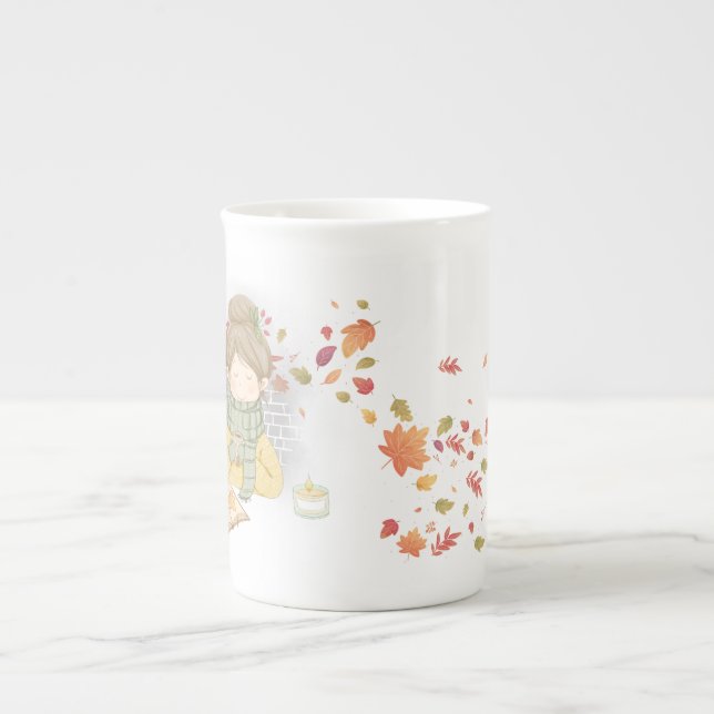 Caneca De Porcelana Autumn Girl Com Folhas Voadoras (Frente)