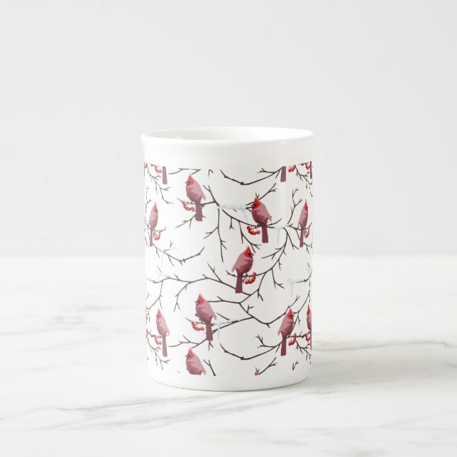 Caneca De Porcelana Aves Cardinais, Cerejas de inverno e Padrão de Nev (Frente)