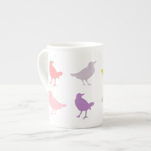Caneca De Porcelana Aves de Pastel, rosa e roxo, com casa de aves