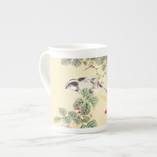 Caneca De Porcelana Aves e Rosas Imao Keinen Ukiyo-e flores Japão