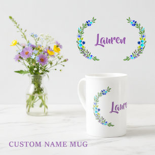 Caneca De Porcelana Azul Rústico Azul Verde Cor Água Floral com Nome