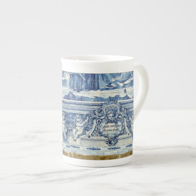 Caneca De Porcelana Azulejos de paredes brancas e azuis portuguesas co (Frente Esquerda)