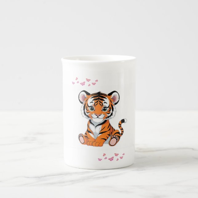 Caneca De Porcelana 🐯Baby Tiger Art with Pink Butterflies - (Frente)