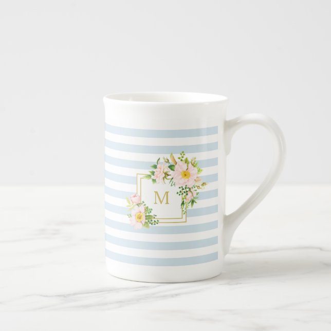 Caneca De Porcelana Banda Azul Chic Floral Monograma (Direita)