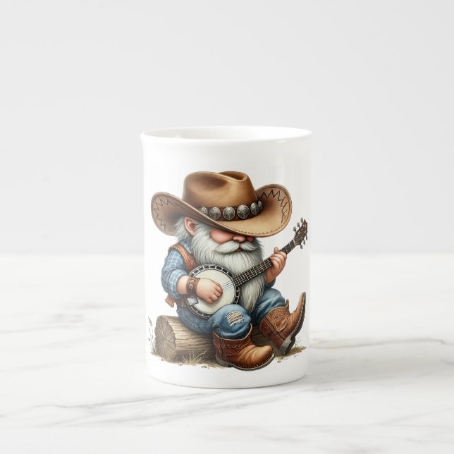 Caneca De Porcelana Banjo Jogando Cowboy Gnomo Mug (Frente)