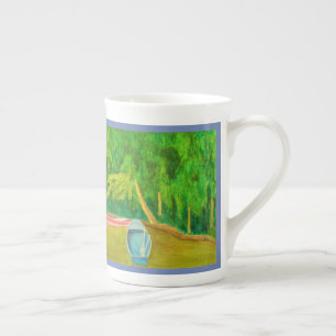 Caneca De Porcelana Barcos na aguarela da lagoa do jardim de Monet