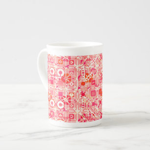 Caneca De Porcelana Batik Tribal - rosa coral, laranja coral e creme