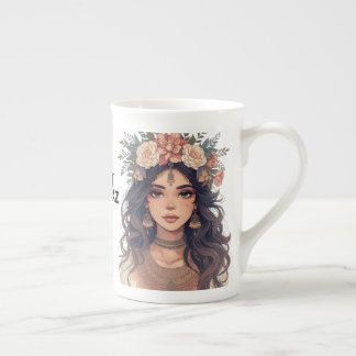 Caneca De Porcelana Bela Garota de Anime Floral – Estética Pastel Suav
