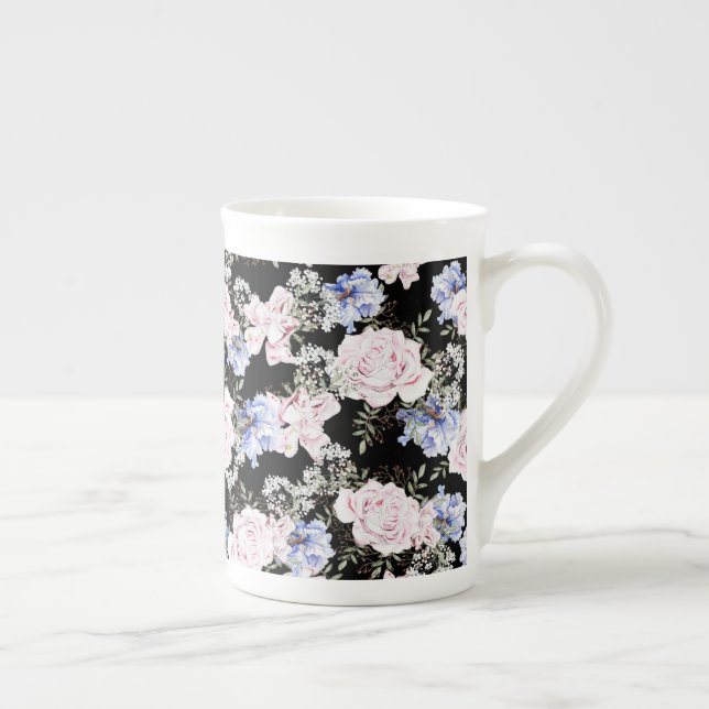 Caneca De Porcelana Belo Padrão Floral Rosas Iris Azul Rosa (Direita)