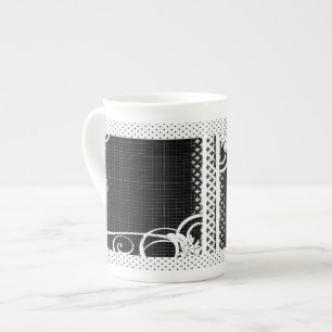 Caneca De Porcelana Black and White Swirs Floured Grid Bone China Mug