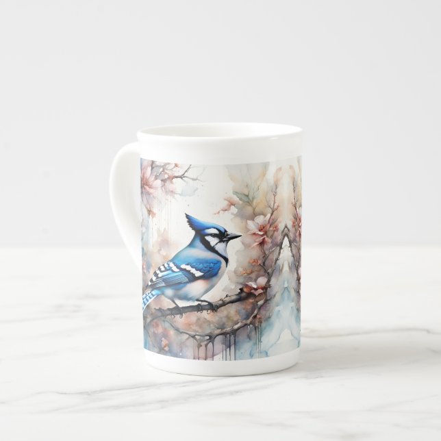 Caneca De Porcelana Blue Jay Cherry Blossoms aquarela (Frente Esquerda)