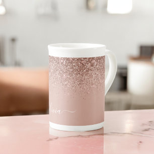 Caneca De Porcelana Blush Rosa Brilho Dourado Rosa Monograma Nome Femi