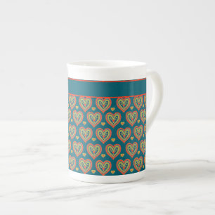 Caneca De Porcelana Bone China Mug, Vermelho, Corações Verdes no Teal