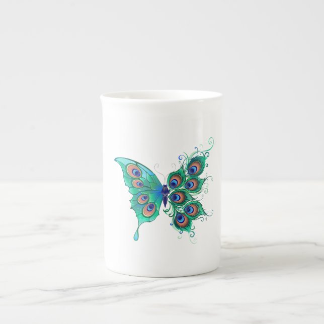 Caneca De Porcelana Borboleta com Penas de Pavão Verde (Frente)