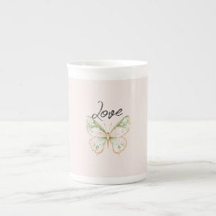 Caneca De Porcelana Borboleta Dourada Rosa Corado Verde Menta