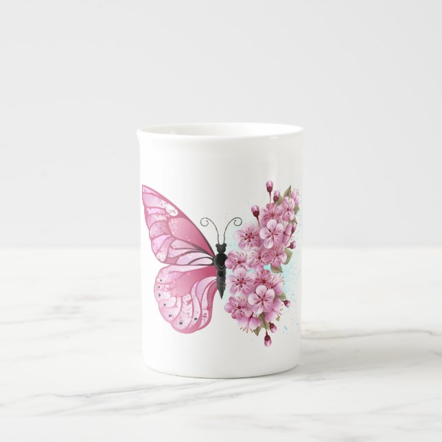 Caneca De Porcelana Borboleta Flor com Sakura Rosa (Frente)