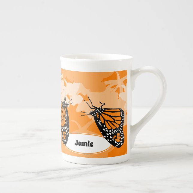 Caneca De Porcelana Borboleta Monarca Reproduzida e Nome Laranja (Direita)