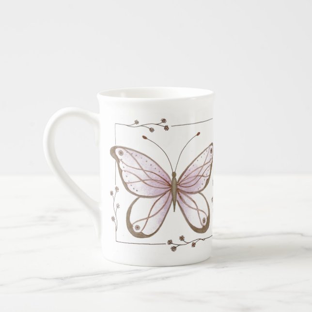 Caneca De Porcelana Borboleta Rosa Bone China Mug (Esquerda)