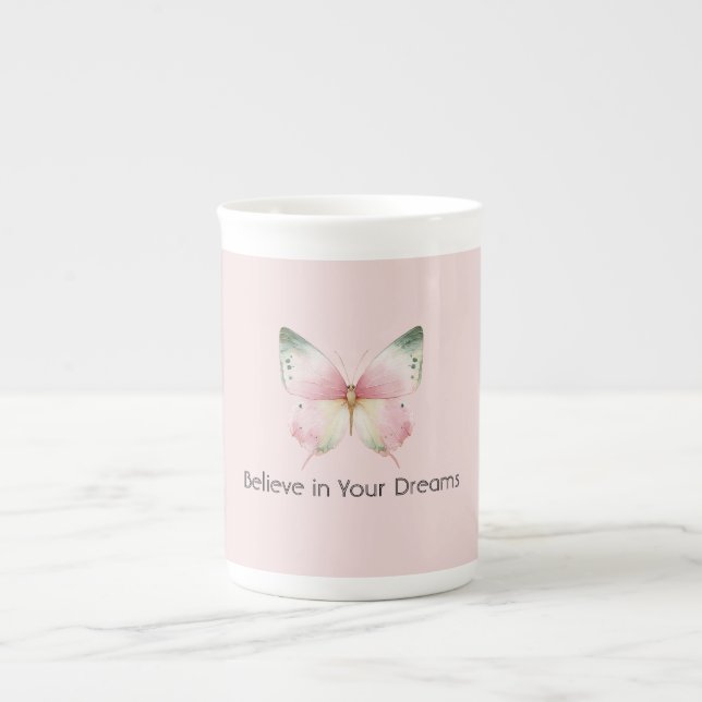 Caneca De Porcelana Borboleta Verde Rosa Branco Menta (Frente)