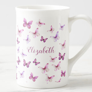 Caneca De Porcelana Borboletas Rosa Bonito Nome Personalizado