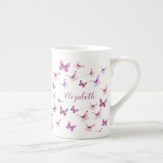 Caneca De Porcelana Borboletas Rosa Bonito Nome Personalizado (Direita)