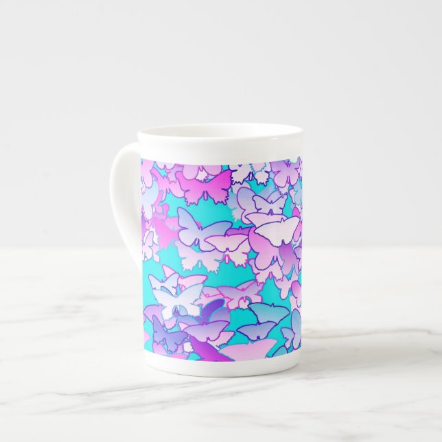 Caneca De Porcelana Borboletas, violeta e turquesa (Frente Esquerda)
