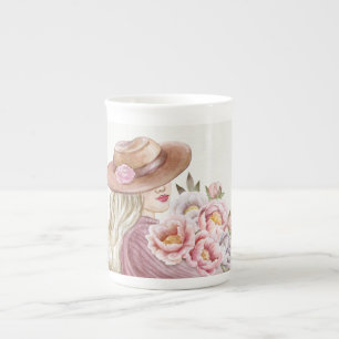 Caneca De Porcelana branco, cor-de-água rosa Vintage Lady Floral Beaut
