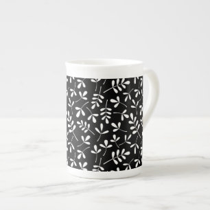 Caneca De Porcelana Branco-Padrão de Folhas Cortadas em Preto