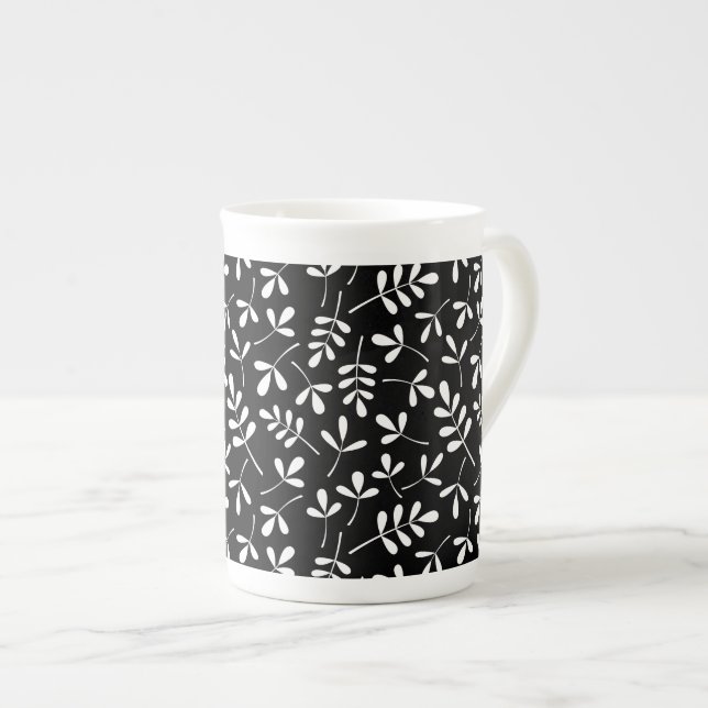 Caneca De Porcelana Branco-Padrão de Folhas Cortadas em Preto (Frente Esquerda)