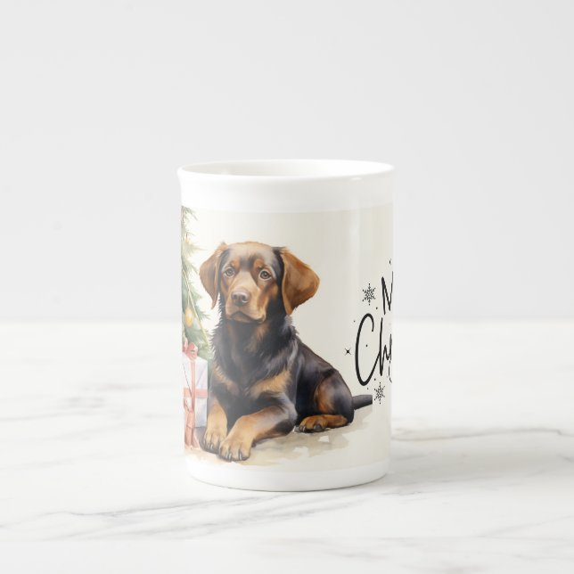 Caneca De Porcelana Brown Puppy Feliz Natal (Frente)