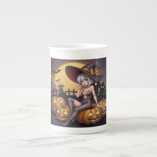 Caneca De Porcelana Bruxa do Halloween Olho Verde no Jack-O-Lantern
