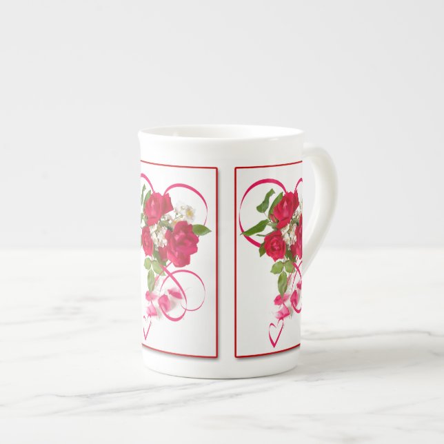 Caneca De Porcelana Buquê e fita da rosa vermelha (Frente Esquerda)