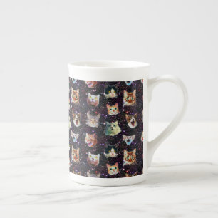 Caneca De Porcelana Cabeças de Gato no Exterior Padrão de Galáxias 
