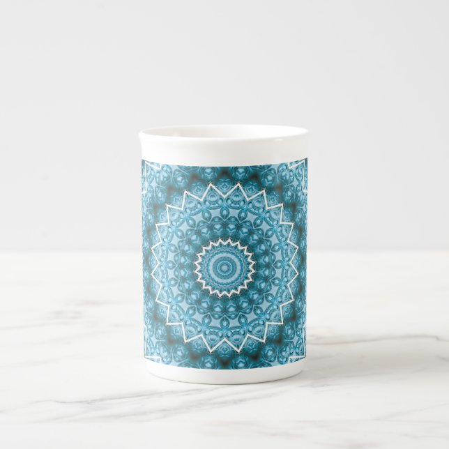 Caneca De Porcelana Calidoscópio / Mandala Azul Claro (Frente)